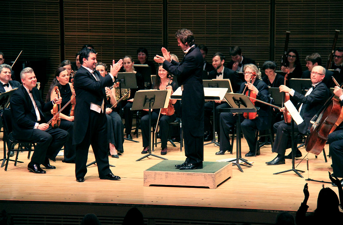 Stilian Kirov (conductor, Bulgaria) and Mario Chang (tenor, Guatemala) during the Musical Olympus concert in New York in 2012
